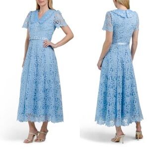 NEW Dalia Macphee Blue Lace Satin Button Down Long Sleeve Mini Dress Size M